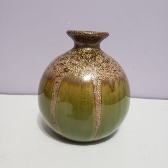 Pottery Bud Vase Green Tan Drip Glaze 5"×3.5" - Picture 2 of 7